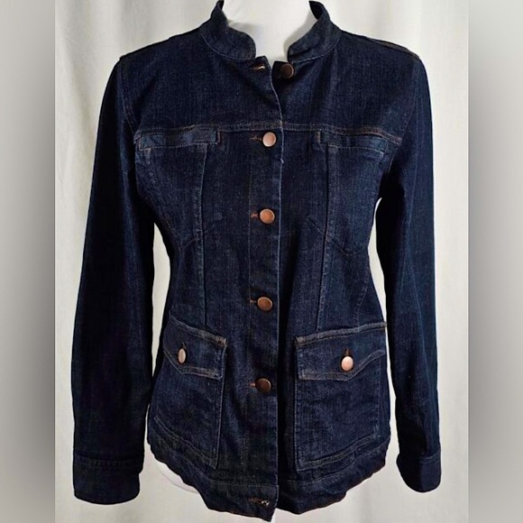 Eileen Fisher Banded Collar Denim Jacket Brass Buttons Pockets at Chest & Hips - Picture 1 of 8